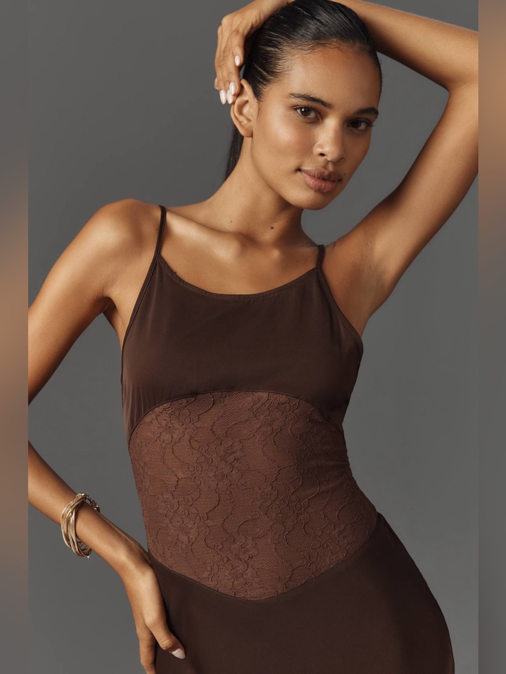 NWT WeWoreWhat Brown Lace-Panel Slip Dress - Picture 2 of 10